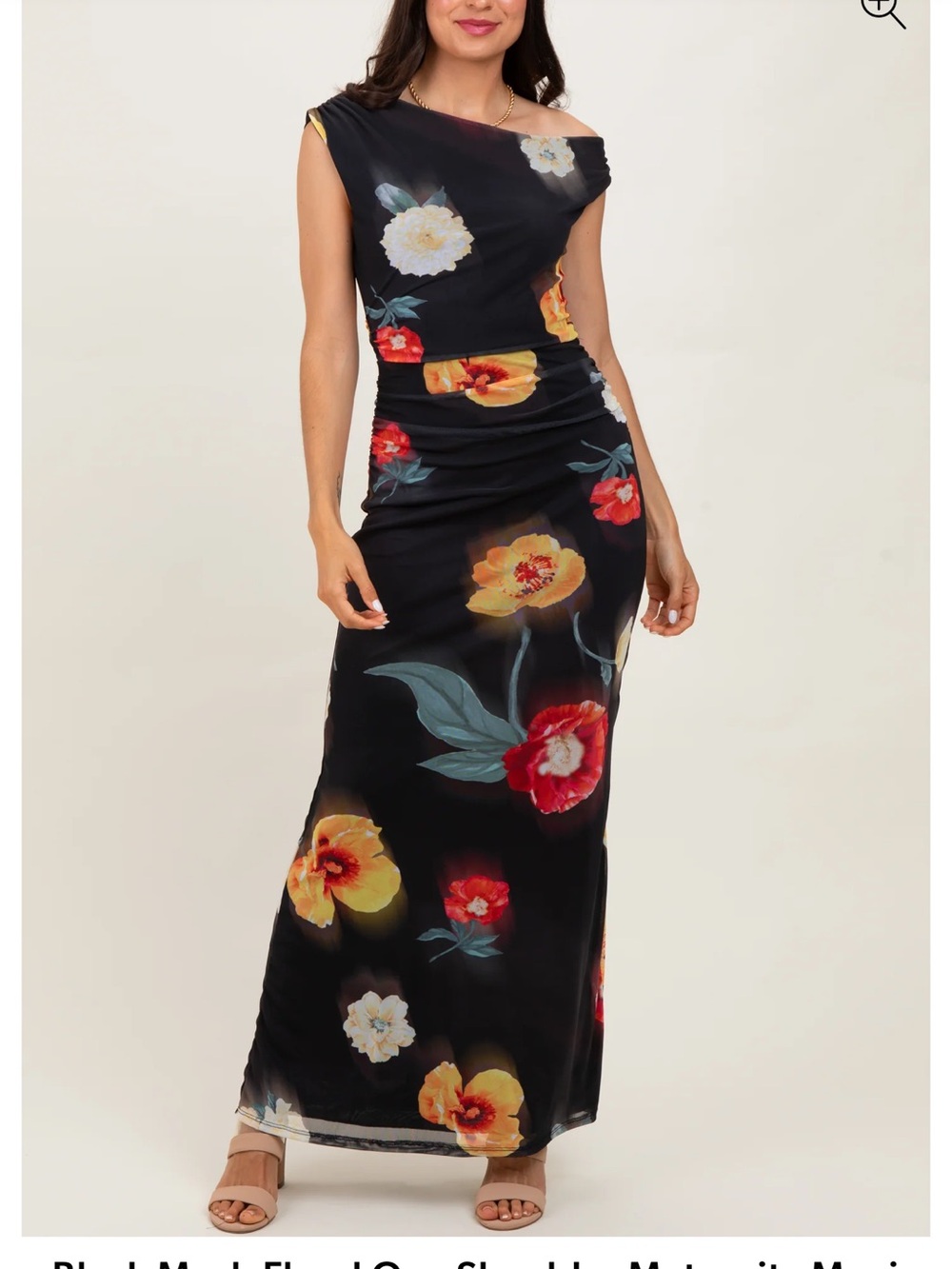 PinkBlush Black Mesh Floral One Shoulder Maternity Maxi Dress